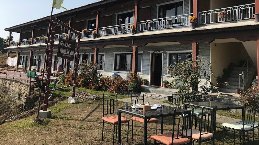 The stone-built Ghandruk Village Eco Lodge with its garden terrace