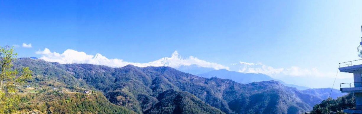 Panorama of the Annapurna range above forested ridges